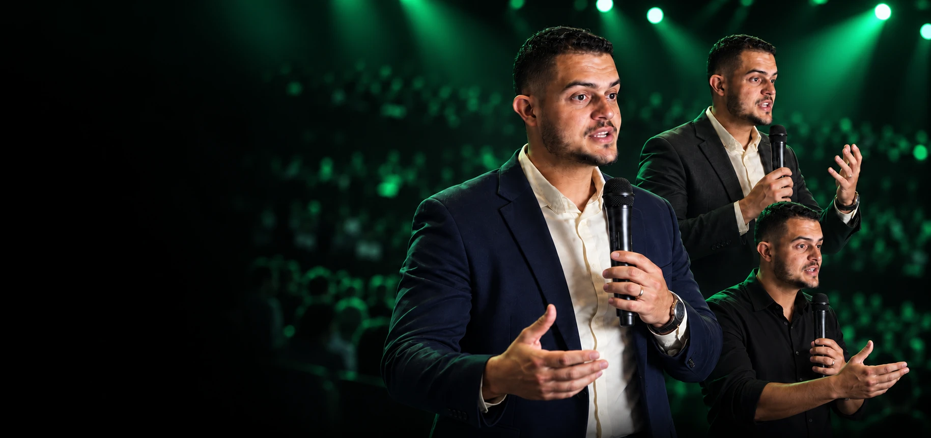 Felipe Maia em diferentes poses como palestrante, segurando o microfone
